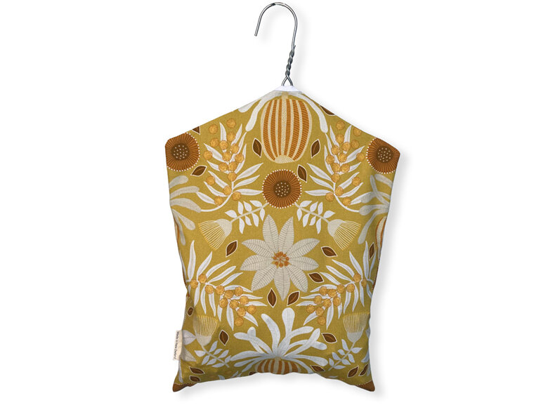 hanging peg pouch mustard flora design back view