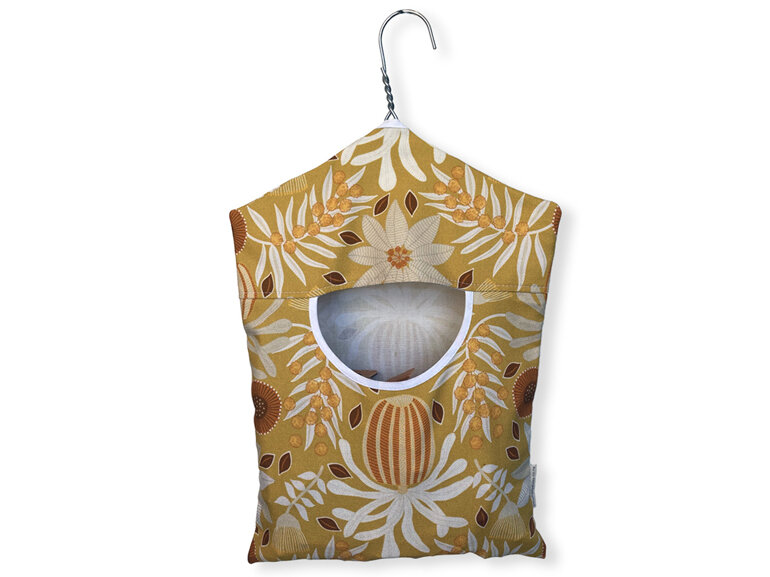 hanging peg pouch mustard flora design front view