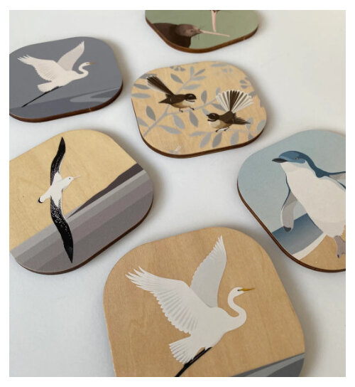 Hansby Design White Heron (Grey) Coaster kotuku bird aotearoa nz