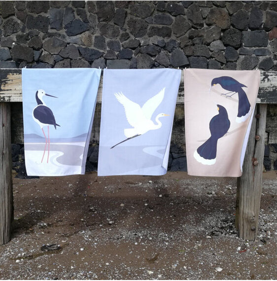 Hansby Design White Heron Tea Towel kitchen aotearoa bird