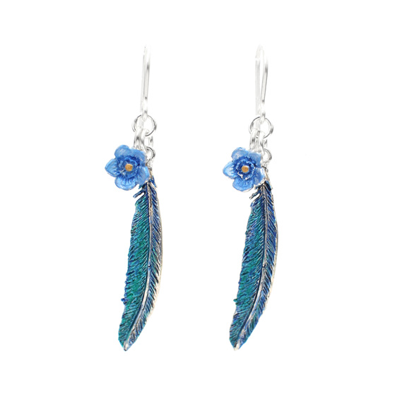 harmony earrings feathers blue flowers forget nz jewellery boho sterling silver