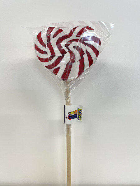 HEART POP RED  AND WHITE STRIPES , MANGO FLAVOUR , 8CM