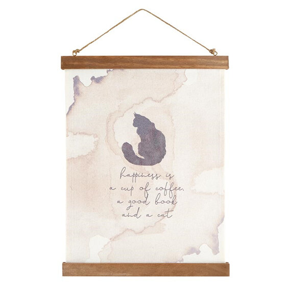 Heartfelt Framed Canvas Banner - Cat happiness is a cup of coffee a good book