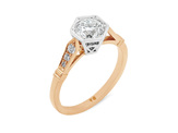 Hexagonal setting, deco shoulders, diamond solitaire in 18ct rose gold and plat