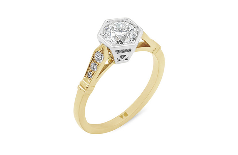 Hexagonal setting deco shoulders diamond solitaire in 18ct yellow gold and plat