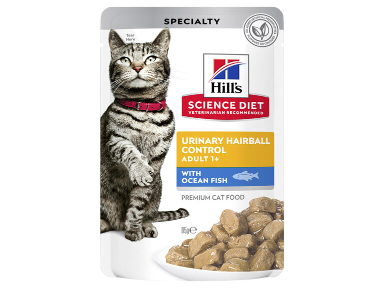 Hill's Science Diet Adult Urinary Hairball Control Ocean Fish Wet Cat Food Pouches, 85g, 12 Pack