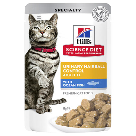 Hill's Science Diet Adult Urinary Hairball Control Ocean Fish Wet Cat Food Pouches, 85g, 12 Pack