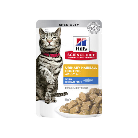 Hill's Science Diet Adult Urinary Hairball Control Ocean Fish Wet Cat Food Pouches, 85g, 12 Pack