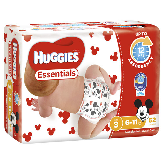 Huggies Essentials Nappies Size 3 (6 - 11kg) 52 Pack