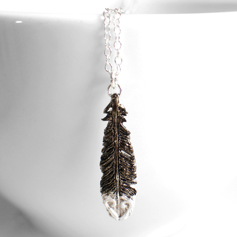 huia feather black white necklace pendant native bird sterling silver