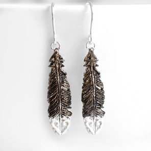 huia feather black white sterling silver bird native earrings