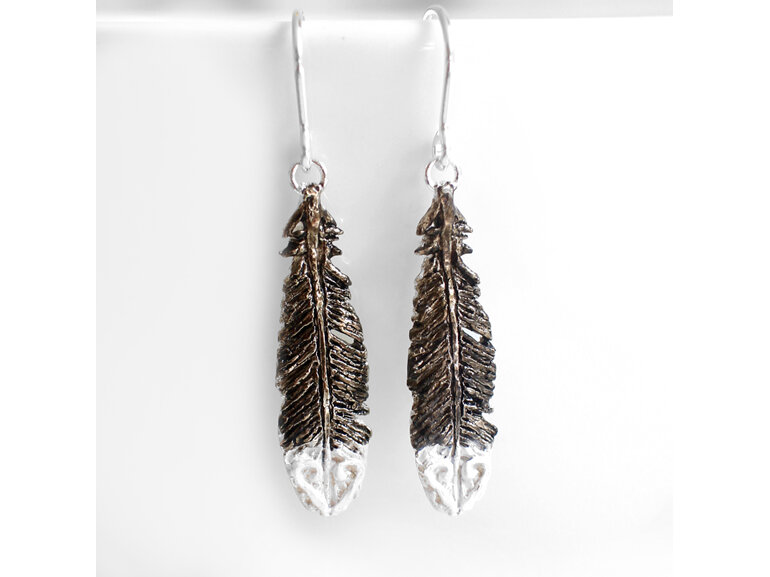 huia feather black white sterling silver bird native earrings