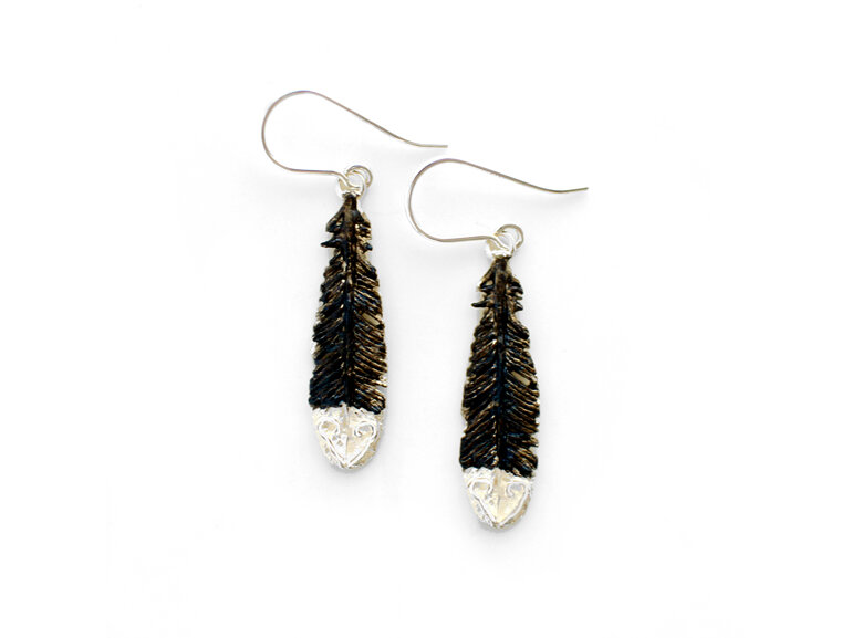 huia feather black white sterling silver bird native earrings