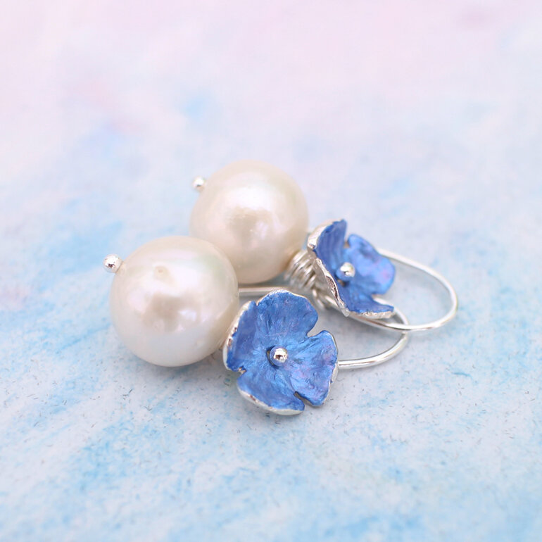 hydrangea blue flowers pearls earrings handmade nz jewellery lilygriffin