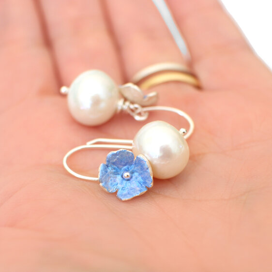 hydrangea blue flowers pearls earrings handmade nz jewellery lily griffin
