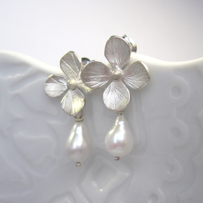 Hydrangea Pearl Drop Earrings Sterling Silver Julia Banks Jewellery flowers
