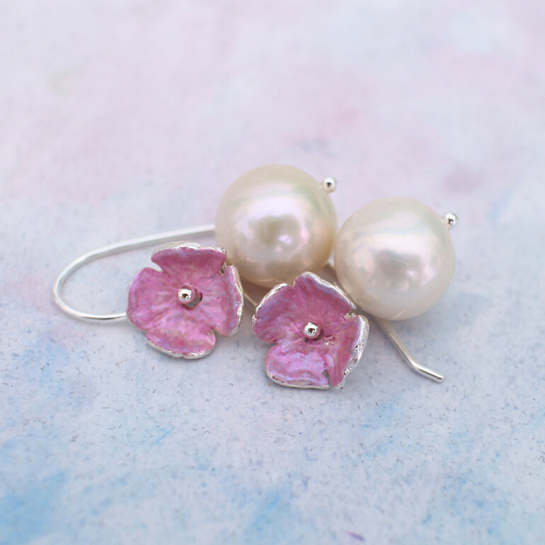 hydrangea pink flowers pearls earrings sterling silver lily griffin jewellery nz