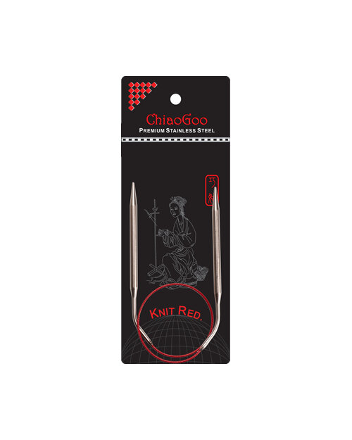 image is a pair of knit red circular knitting needles with stainless steel tips