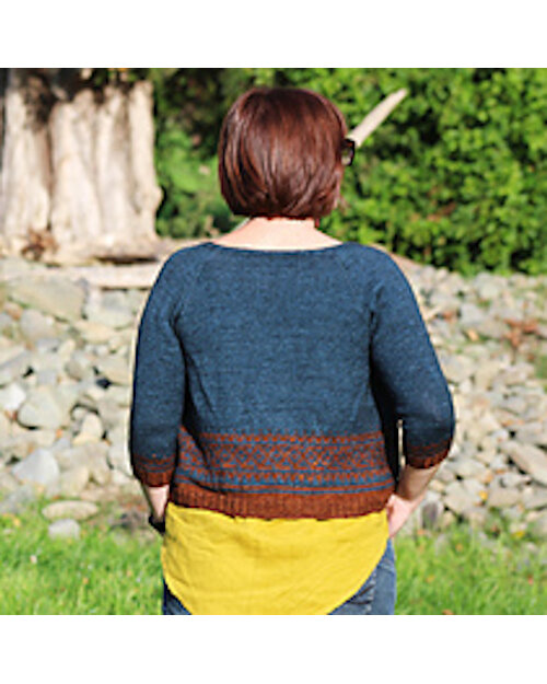 image is of female with back turned to camera wearing a blue and rust cardigan