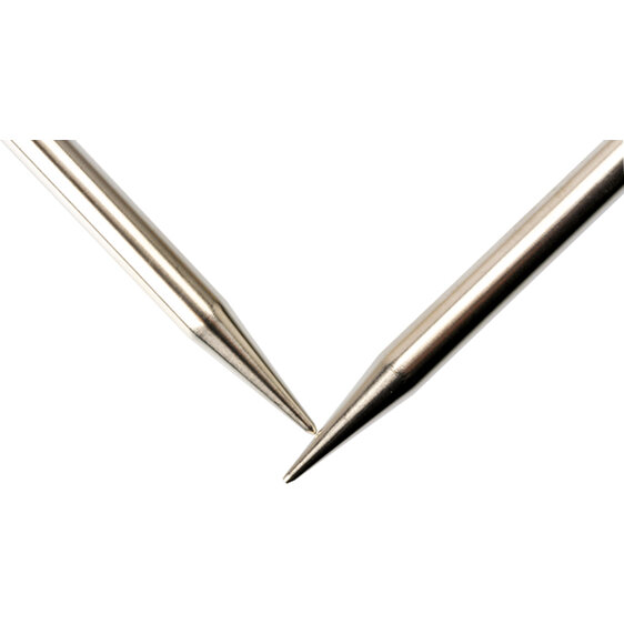 image is of two stainless steel knitting needle tips