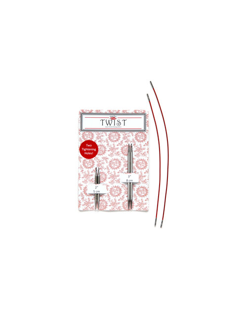 image shows a red and white card with two sets of needle tips and 2 red cables