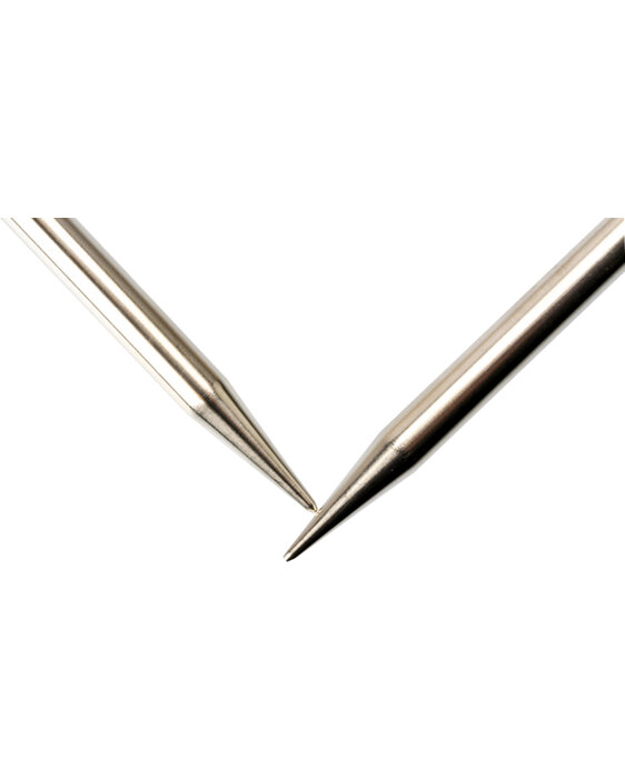image shows the tips of two stainless steel knitting needles