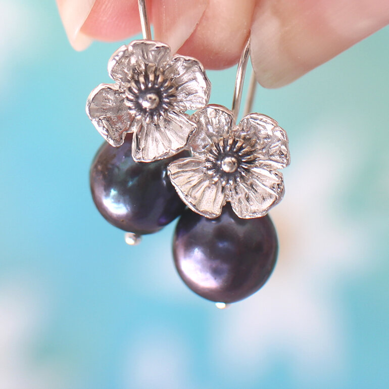 Isla pearl earrings peacock sterling silver poppy flowers lilygriffin nz jewelry