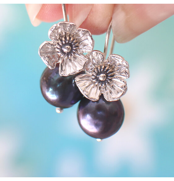 Isla pearl earrings peacock sterling silver poppy flowers lilygriffin nz jewelry