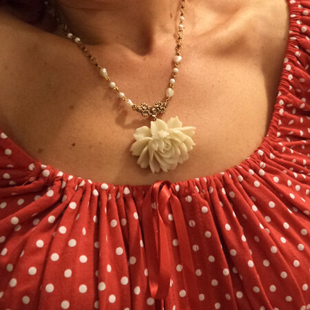 Ivory rose pendant with faux pearl and bead chain