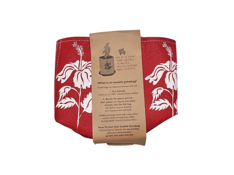 Jo Luping Design Ecofelt Grow Bag White Hibiscus on Red nz artist