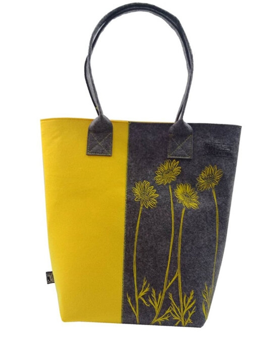 Jo Luping Design Shoulder Tote Bag Daisy Yellow on Grey EcoFelt
