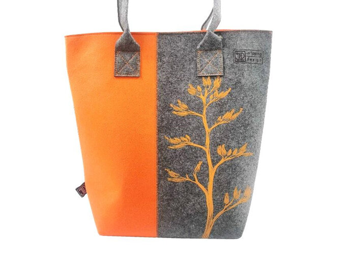 Jo Luping Design Shoulder Tote Bag Harakeke Flower Orange on Grey EcoFelt