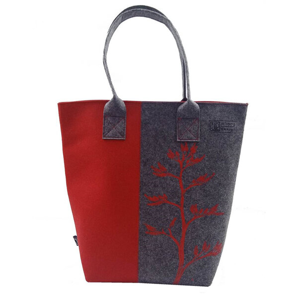 Jo Luping Design Shoulder Tote Bag Harakeke Flower Red & Grey EcoFelt