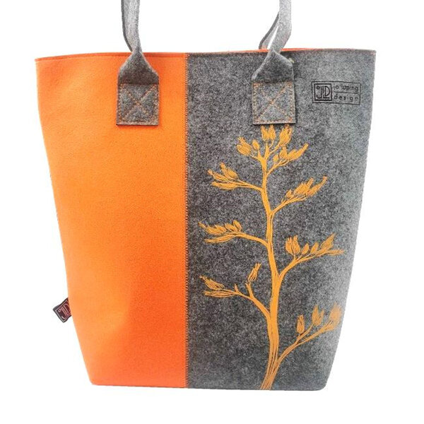 Jo Luping Design Shoulder Tote Bag Harakeke Flower Orange on Grey EcoFelt