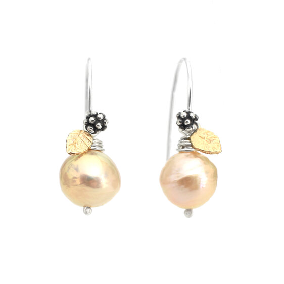 Juliette solid 9k gold leaves berries silver peach baroque pearls earrings nz
