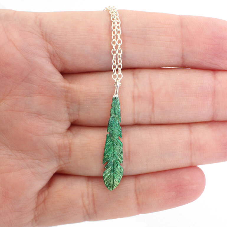 kakariki green emerald feather necklace pendant  bird native nz sterling silver