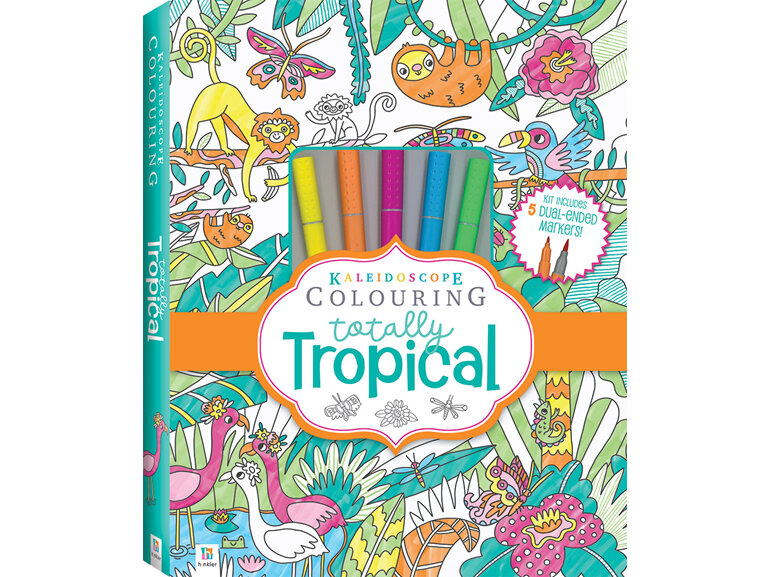 kaleidoscope colouring totally tropical set with pens book