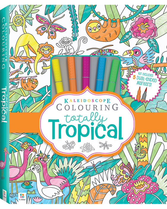 kaleidoscope colouring totally tropical set with pens book