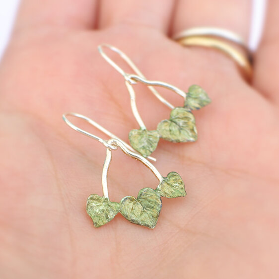 Kawakawa leaves trio green heart silver earrings lily griffin nz jewellery