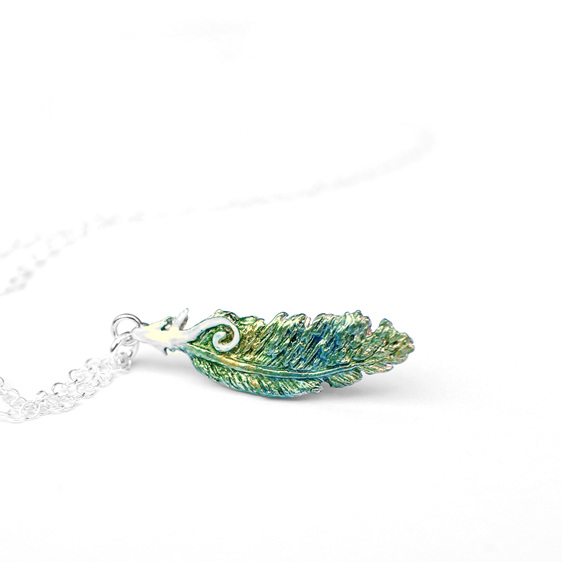 kereru feather green white koru native pendant necklace lilygriffin jewellery