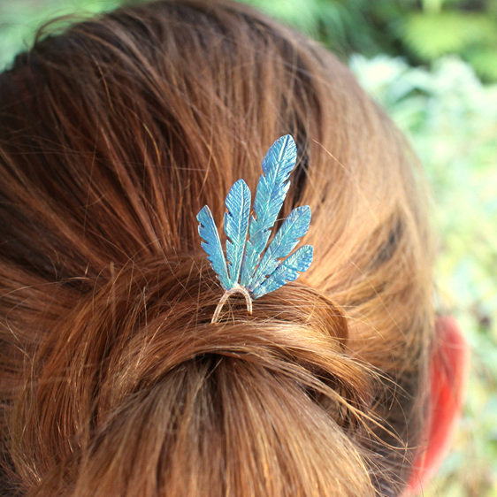 kingfisher feathers blue aqua sterling silver hairpin hairstick wedding races