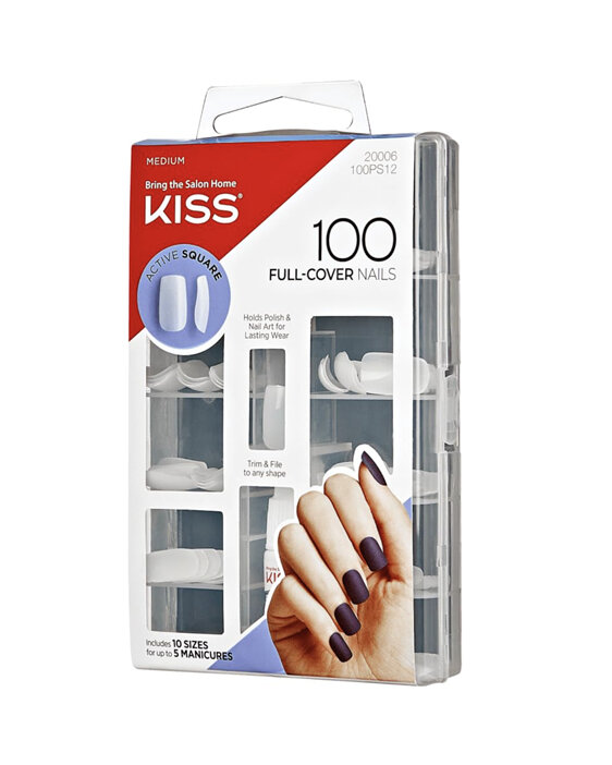 Kiss 100 Full-Cover Nails Active Square Medium Length Manicure Kit
