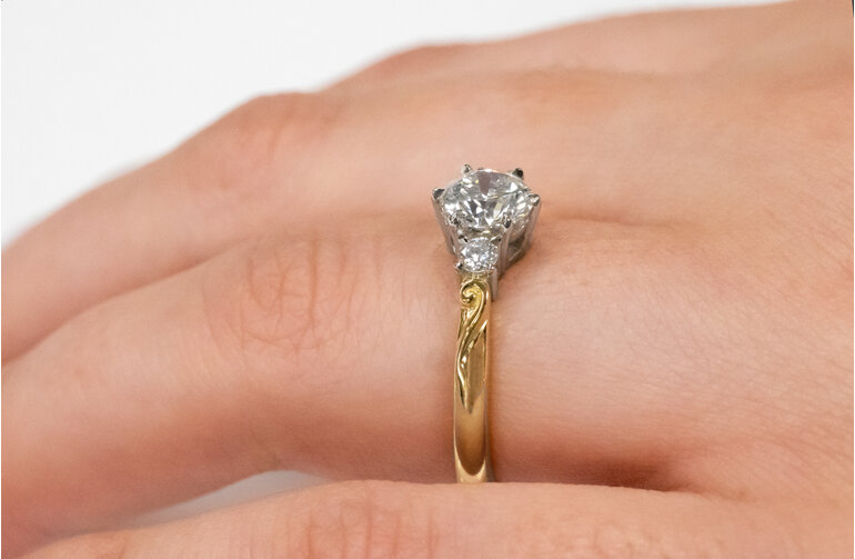 Koru motif band diamond three stone engagement ring yellow gold platinum