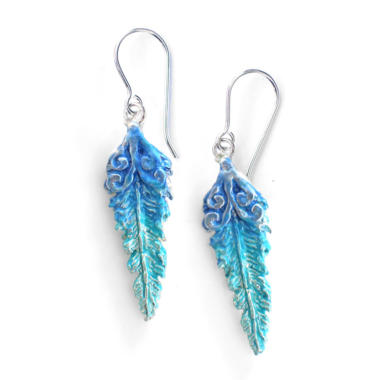 kotare kingfisher feather koru native bird blue aqua earrings lilygriffin nz