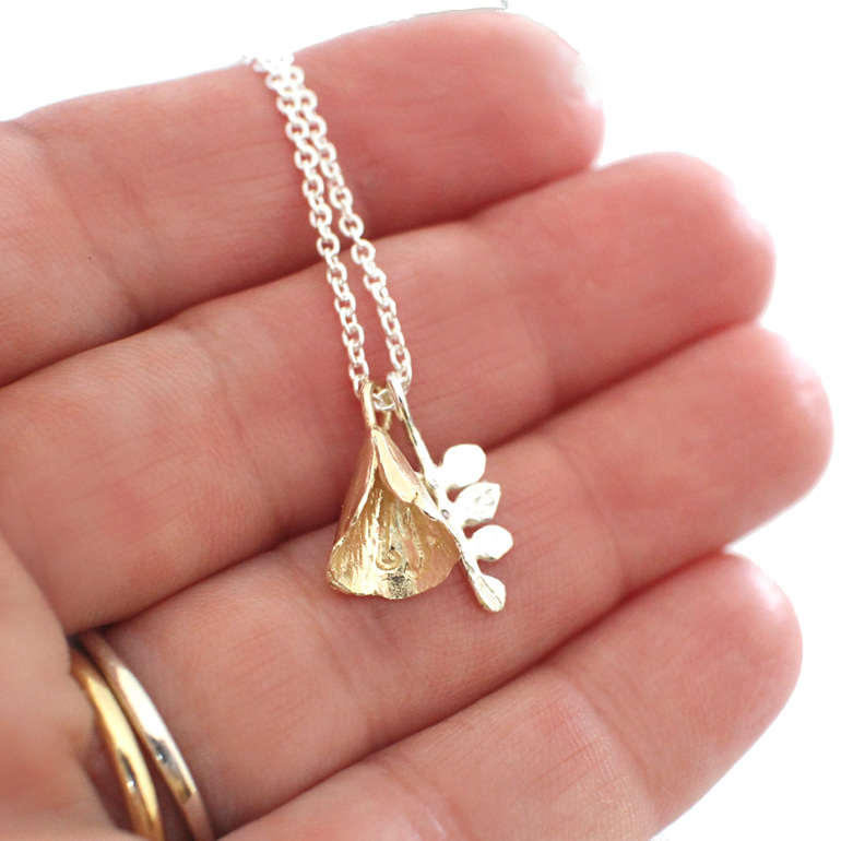 Kowhai flower bell leaf 9ct 9k solid gold sterling silver pendant lily griffin