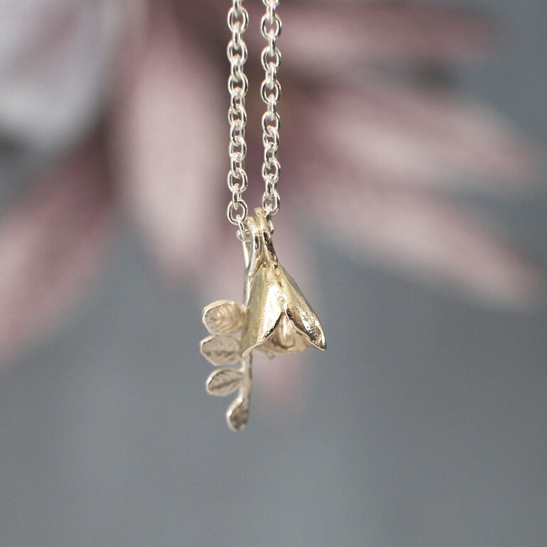 kowhai flower bell mini sterling silver leaf necklace pendant solid gold nz