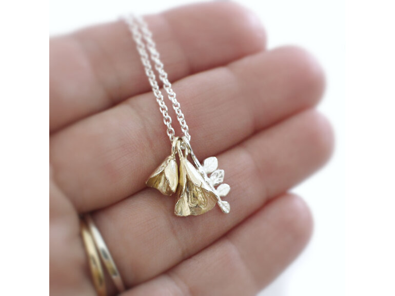 kowhai flower bells leaf 9ct 9k gold sterling silver necklace lilygriffin nz