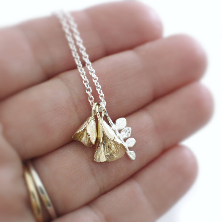 kowhai flower bells leaf 9ct 9k gold sterling silver necklace lilygriffin nz