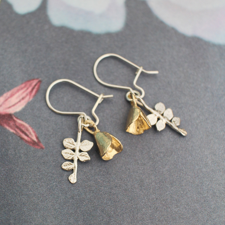 kowhai flower bells mini 9ct 9k gold sterling silver leaves earrings lilygriffin
