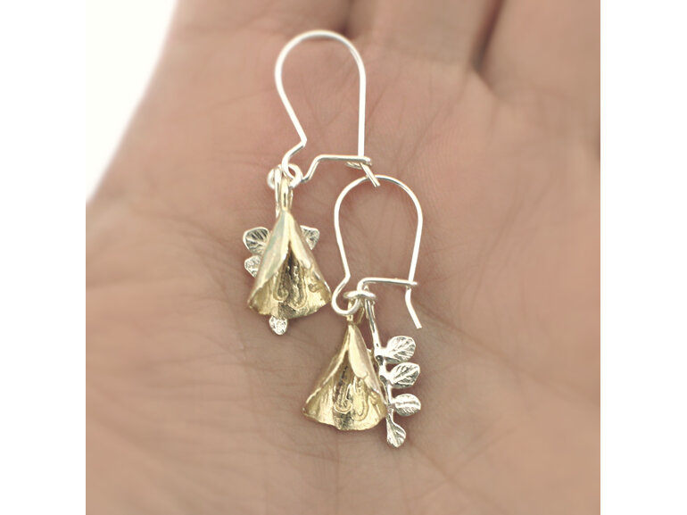 kowhai flower leaves bells solid 9k gold sterling silver kidney hooks earrings